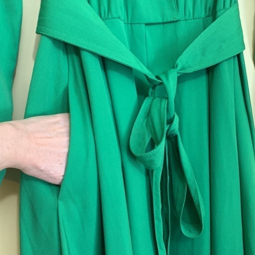 Caron || 80’s Kelly Green Long Sleeve Faux Wrap Belted Shirt Pocket Dress M - Picture 11 of 16